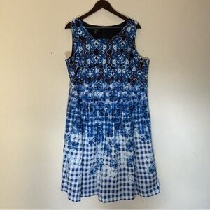 Talbots 18WP Sleeveless Fit & Flare Dress Blue Floral Gingham Cotton Blend
